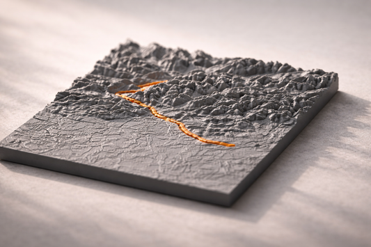 Quadratisches 3D-Terrain-Modell in Grau mit Strava-Route in Orange